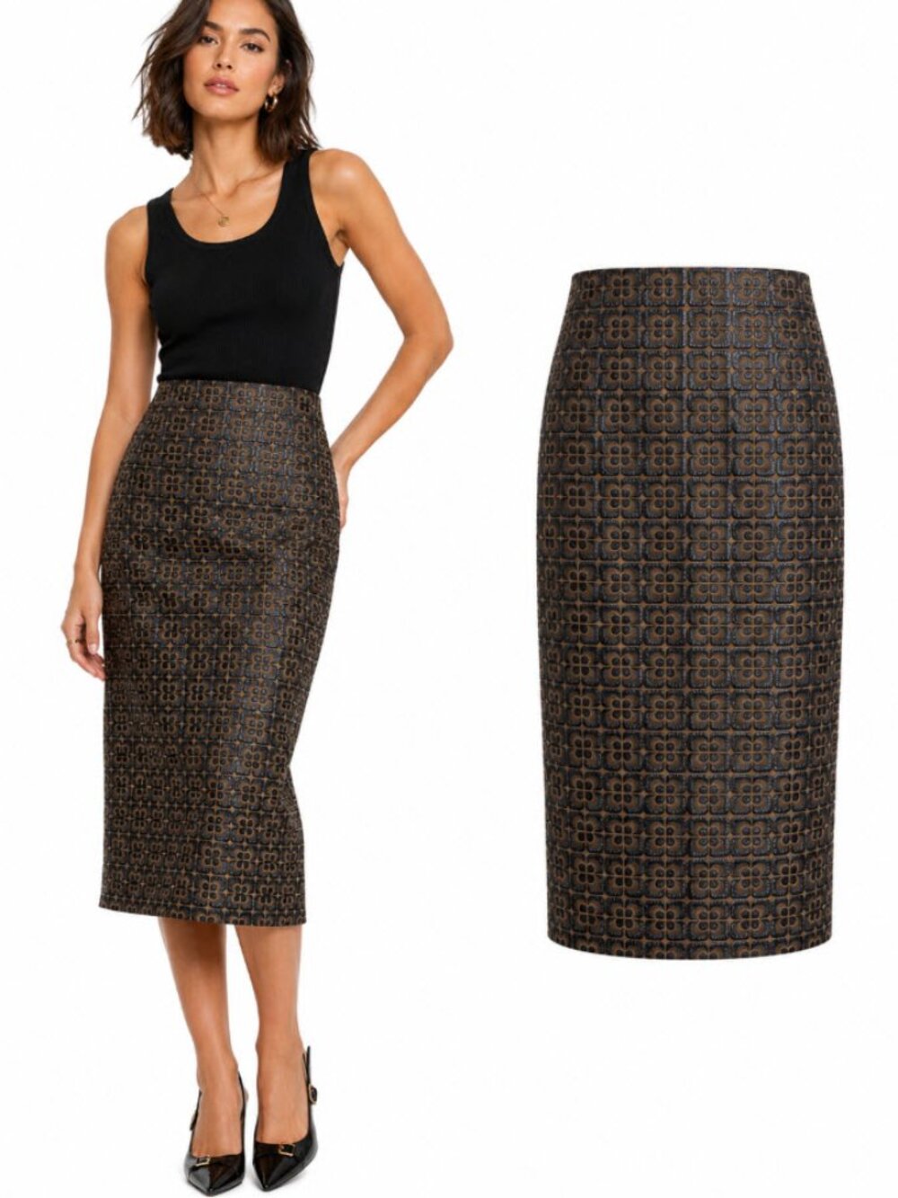 Orla Kiely Floral Jacquard Pencil Skirt Brown Tan Creanm Size 6
